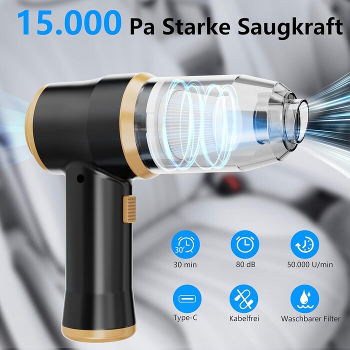 Автомобільний пилосос портативний бездротовий Mini-Auto-Staubsauger 15000 Pa з фільтрами для авто, дому, офісу та тварин (чорний)