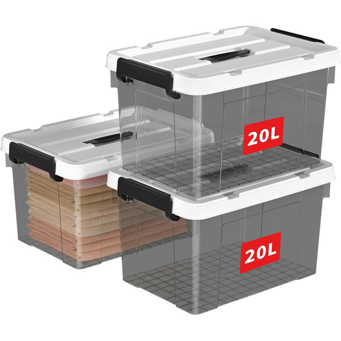 Plastic Storage Box, Tote Box, Organizing Container with Durable Lid and Secure Latching Buckles, Stackable and Nestable, 4-Pack, Transparent Black with Black Buckle (20L x 3)