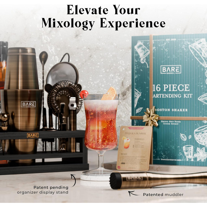 Набір бармена BARE BARREL® Mixology: 16 предметів для приготування коктейлів | Шейкер, мішалки, рецепти | Ідеальний подарунок для дому