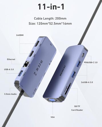 Док-станція BENFEI USB-C MST Hub - 11 в 1: 2HDMI 4K, VGA, 3 x USB 3.0, SD/TF, Ethernet, PD 100W, 3.5mm Aux для MacBook, XPS, Surface (Сірий)