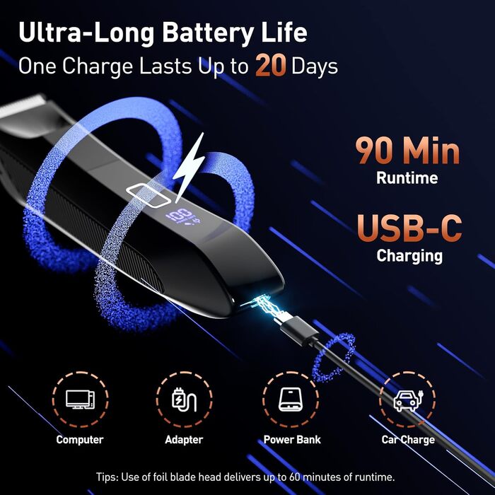 VIKICON Триммер для тіла та волосся, 2-в-1, чоловічий, з LED-підсвічуванням, акумуляторний, чорний