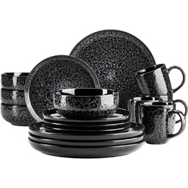 MÄSER Filippa: 16-частинний сервіз для 4 осіб з кераміки (16 предметів); тарілки, миски, чашки з реактивною глазур'ю чорного та сірого кольорів, порцеляна