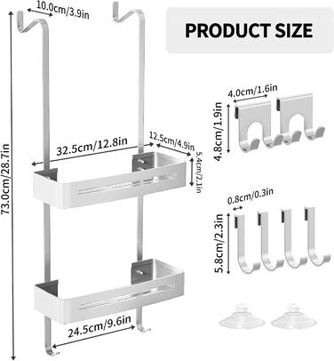 AIGOCITY Shower Shelf for Hanging Without Drilling for Glass Shower Doors, Silver, with 6 Hooks for Frameless Glass Door, Stainless Steel
