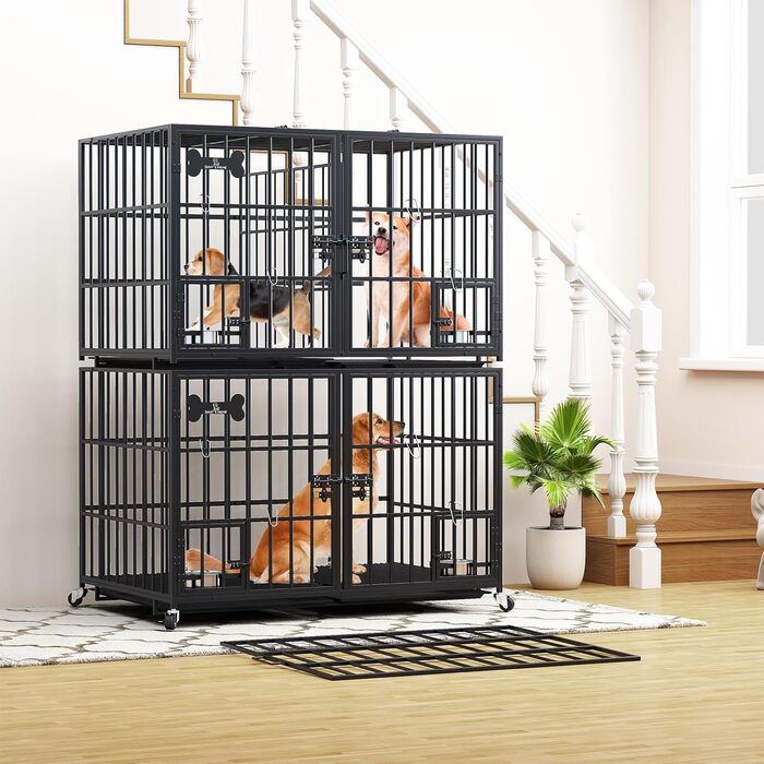 Клітка для собак, переноска для собак з піддоном, клітка-роздільник, клітка-ґратка з 2 дверцятами та піддоном, подвійна клітка 2 в 1 для великих та середніх собак, 107 x 73 x 69 см, чорний L