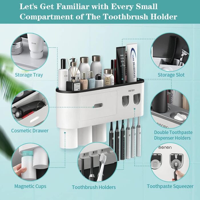 Wall-Mounted Toothbrush Holder with 2 Automatic Toothpaste Dispensers, 6 Toothbrush Slots, 3 Magnetic Cups, 1 Storage Drawer, and Large Storage Shelf