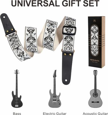 Гітарний ремінь Vintage з вишивкою з бавовни з кінцями з натуральної шкіри для бас-гітари, електро- та акустичної гітари, з безкоштовними кнопками для ремінця, 1 пара замків для ремінця та 4 медіатори D# - Біла квітка