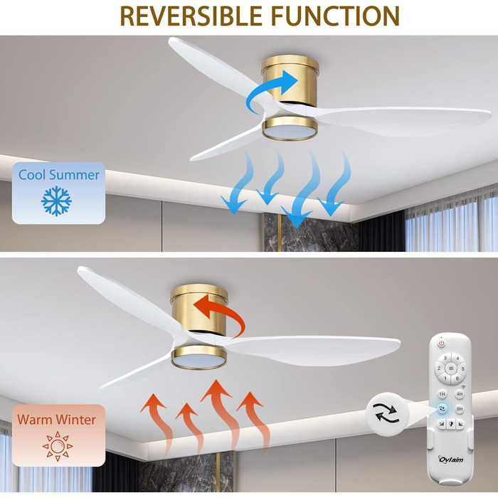 Стеляний вентилятор Ovlaim з підсвічуванням, пультом керування, DC мотор, 3 лопаті, 132 см (натуральний & сріблястий)