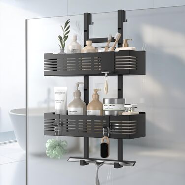 Поличка для душу AIGOCITY без свердління, чорна, для скляних душових кабін, з 3 гачками, регульована висота, для шампуню та гелю для душу