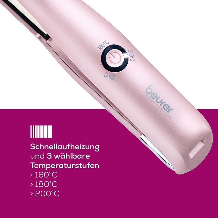 Випрямляч для волосся Beurer HS 20 Akku з USB-зарядкою, рожевий, для подорожей, 3 температурні режими, швидкий нагрів