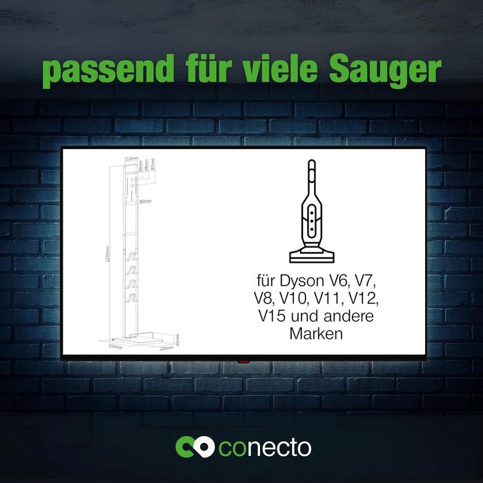Підставка для пилососа Conecto: універсальна сумісна з Dyson Gen5, V15, V12, V11, V10, V8, V7, V6 (чорний бук)