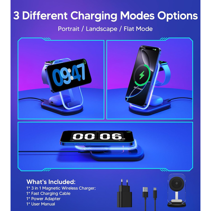 Бездротова зарядка MagSafe 3-в-1 для iPhone, Apple Watch та AirPods, сумісна з iPhone 16/15/14/13/12 Plus/Pro Max