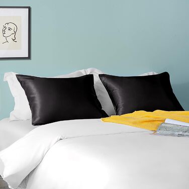 FLXXIE 2 Pack Satin Pillowcases for Skin and Hair, Luxurious and Silky King Size Pillowcases with Hotel Closure, Black, 50 x 90 cm