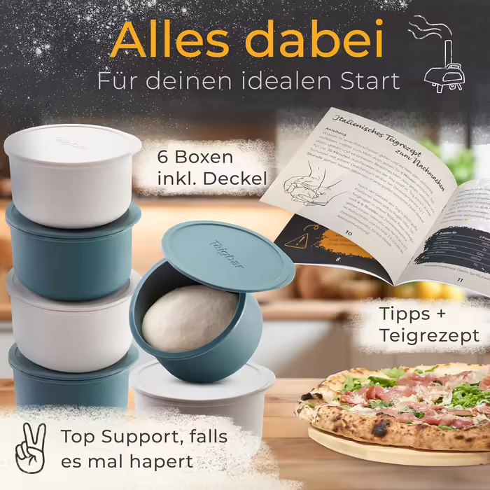 Pizza Ball Box with Lid, Set of 4 - Space-saving dough box made of non-stick silicone - Holds up to 350g of pizza dough - Proofing box, pizza accessories, pizza box - Black/Gray - Ø13cm (6-piece blue+white)