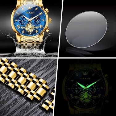 Годинник чоловічий OLEVS з металевим ремінцем, кварцовий, з місячною фазою, хронограф, водостійкий (2856 Blue / Gold)