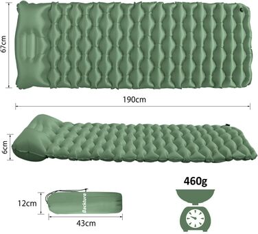 Isomatte Camping Ultralight Inflatable Sleeping Pad with Pillow - Waterproof Folding Air Mattress for Camping, Hiking, Travel & Backpacking (Green)