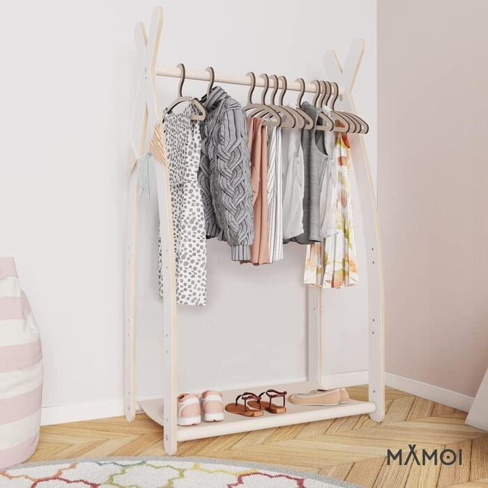 MAMOI® Clothes Rack Baby Nursery | Children's Clothes Rack 106x95x32cm / 53x95x32cm | Children's Clothes Stand Baby | Coat Rack | Baby Wardrobe | Children's Wardrobe | 100% ECO | Made in EU (1 Module - 1 Shelf, White - Beige)