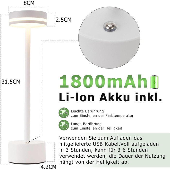 Настільна лампа акумуляторна LED 2 в 1: бездротова, димована, з USB-C зарядкою, сенсорна, для спальні, їдальні, офісу (біла)