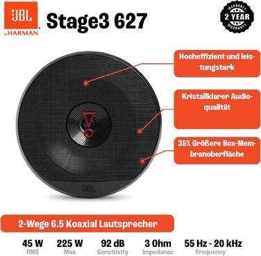 Автомобільні динаміки JBL Stage3 627 від Harman Kardon, 2-смугові, 225 Вт, 16-17 см, чорні