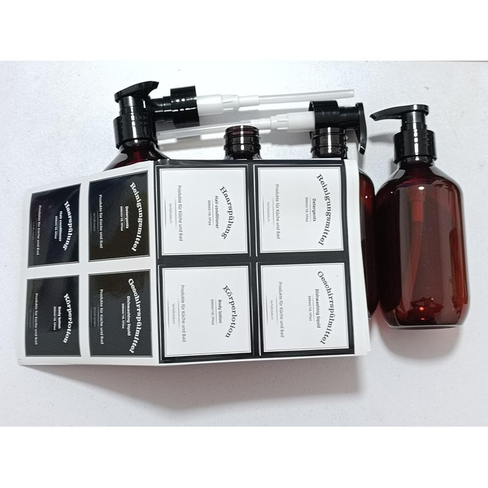 Набір дозаторів для мила, 4 шт., 500 мл, з етикетками, набір флаконів для душу, шампуню (300 мл, коричневий)