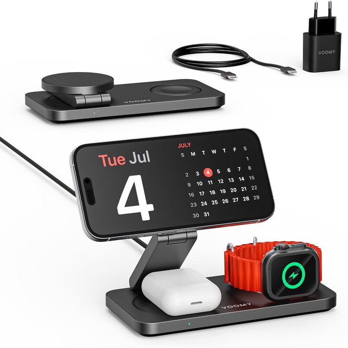 База для бездротової зарядки Voomy 3-в-1 з підтримкою MagSafe, для iPhone, AirPods та Apple Watch, 15W, складана, швидка зарядка, з USB-C кабелем та адаптером (Чорний)