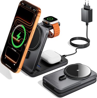 KPON Станція зарядки MagSafe для Apple Watch та iPhone, 3 в 1. Швидка зарядка для iPhone 12-17, Apple Watch 11-2, AirPods. Підходить для подорожей та офісу. В комплекті адаптер 20W.