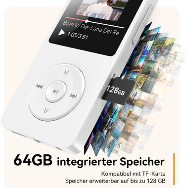 MP3 плеєр AGPTEK 64GB Bluetooth 5.3 з динаміком, радіо FM, підтримкою TF-карти 128GB, білий