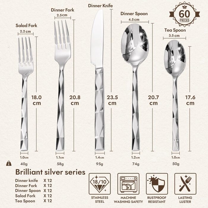 Набір столових приборів HIKAA на 6 осіб, нержавіюча сталь 18/10 з діамантовим шліфуванням - для дому, весілля, вечірок. Полірований, можна мити в посудомийній машині (60 предметів)