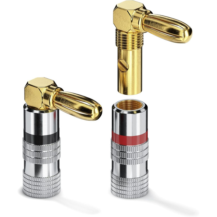 Бананові конектори Sonero® для акустичних кабелів до 6 мм², 4 шт. з кольоровим кодуванням (12x червоний, 12x чорний), 24K позолота (набір 4 шт., кут 90°, Single)