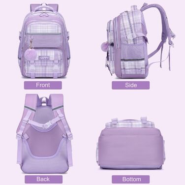 Шкільний рюкзак для дівчаток з візерунком, дихаючий та водовідштовхуючий рюкзак для 1-5 класів (рюкзак для дітей + ізольована ланч-торбинка + пенал, фіолетовий)