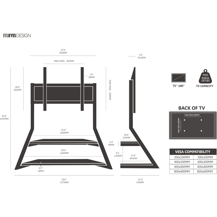 FITUEYES Modern TV Stand for 75-100 inch TVs - Adjustable Height, Swivel, Wood & Metal, Cable Management, VESA 800x600, Eiffel Series