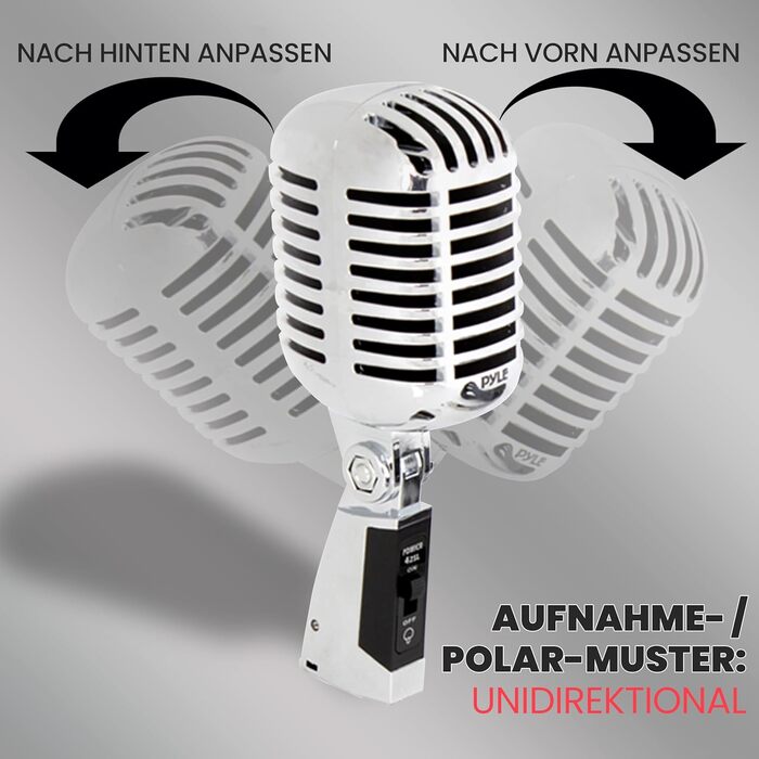 Мікрофон Pyle - Динамічний, Ретро-стиль, для вокалу, XLR, 4.88м кабель, для живих виступів та студії, срібний