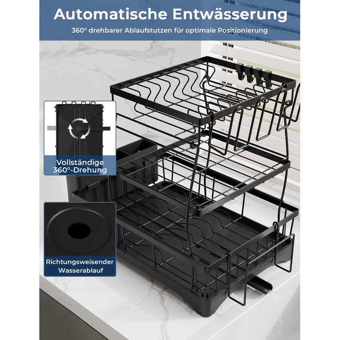 Сушарка для посуду Yissvic з нержавіючої сталі, 3-рівнева, з піддоном, тримачем для ножів та дощечкою для нарізання, поворотним виливом, чорна