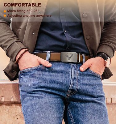 Чоловічий шкіряний ремінь BULLIANT 2 шт. з автоматичною застібкою-ратом, ширина 35 мм, регульований, з подарунковою коробкою (115 см/32'-38' та 105 см/28'-34' розміри, чорний/Tawny7975)