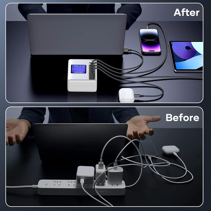 Зарядний пристрій USB 60W, 8 портів, USB-C з LCD дисплеєм для iPhone, iPad, Android, Samsung, Huawei, планшетів, Kindle (білий)