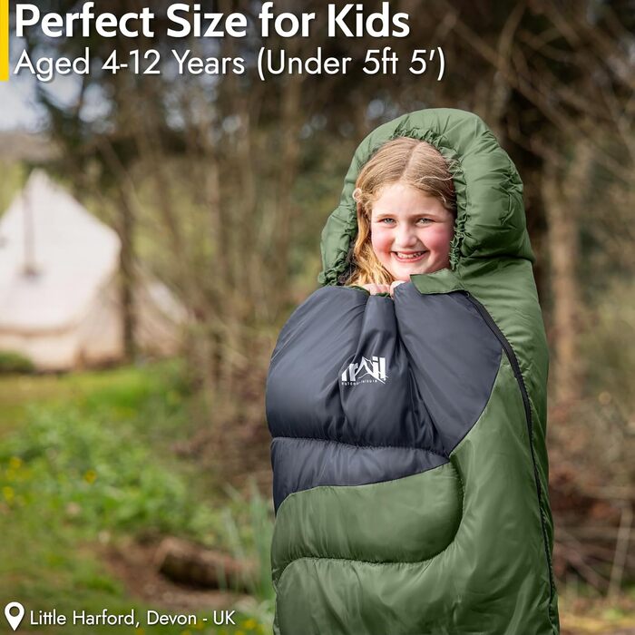 Дитячий спальний мішок Trail Mumienschlafsack 3 сезони для кемпінгу – 300gsm – для хлопчиків та дівчаток – з легким рюкзаком (Хакі)