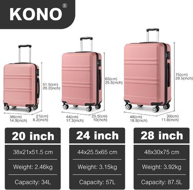 KONO Валіза-Тролей середнього розміру 24 дюйми, ABS, з TSA-замком, 4 колеса, 65×44×25.5 см, Кремово-білий (Набір 3 шт.)