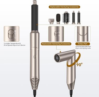 Фен-стайлер 6 в 1 для волосся, Airstyler Set, автоматичний локонів, термощітка, фен, мультистайлер для жінок, чорний (золотий)