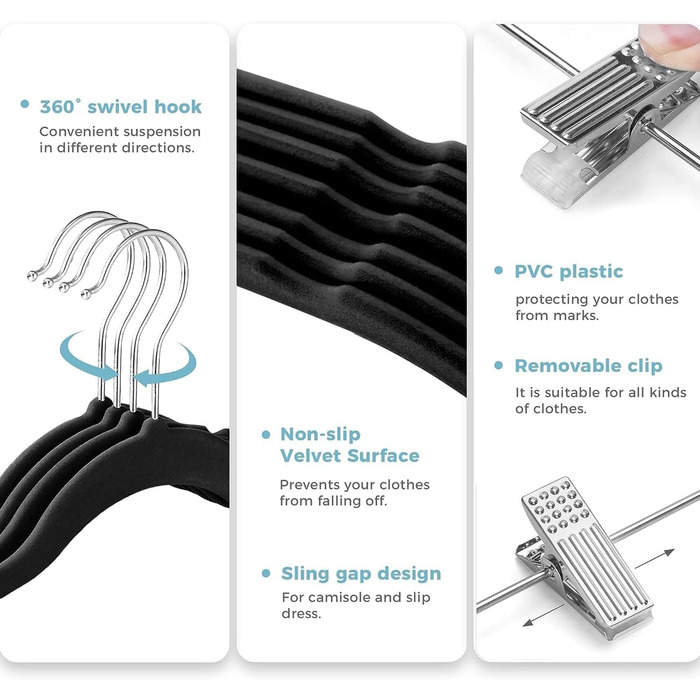 Плечики для одягу VECELO Premium з металевими кліпсами, антиковзаючі, економні, набір 20 шт. (для жінок та чоловіків)