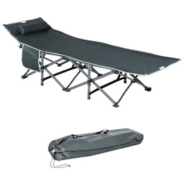 Outsunny Folding Sun Lounger with Head Pillow and Side Pocket, Integrated Storage Bag, Metal and Oxford Fabric, 188 x 64.5 x 53 cm, Grey | Aosom