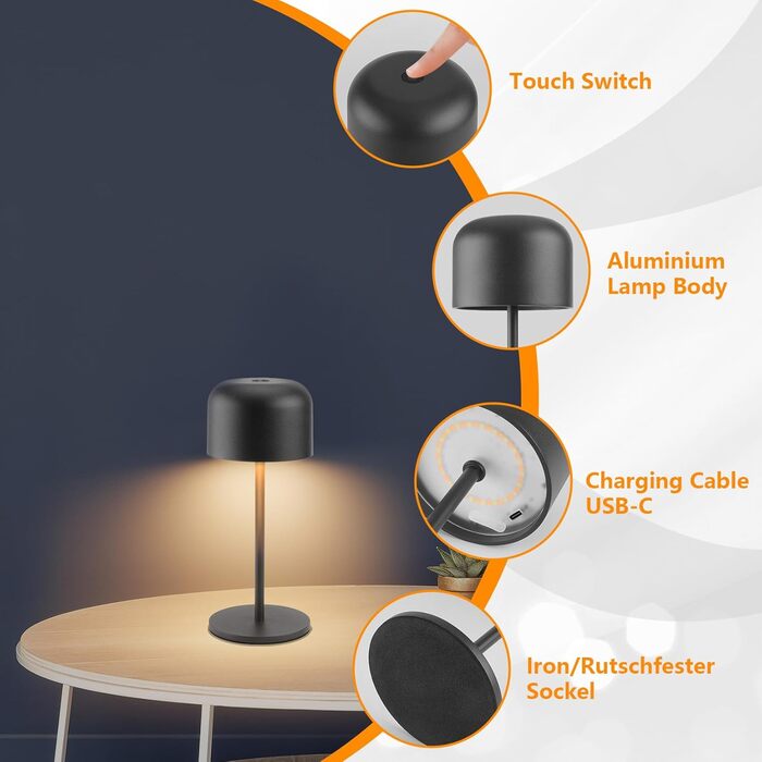 Акумуляторний LED світильник Klighten для столу, димуючий, чорний, алюміній, IP54, 21 см. 3 кольори світла (3000K-6000K), USB-C зарядка, комплект 2 шт.