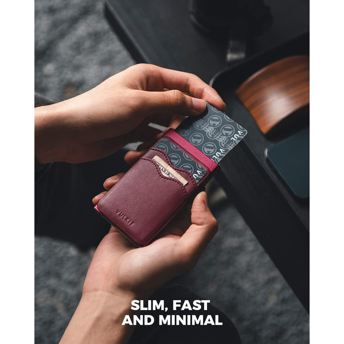 VULKIT Слайдер-гаманець з RFID захистом для карт та грошей, шкіряний мінімалістичний металевий картхолдер (Бордовий)