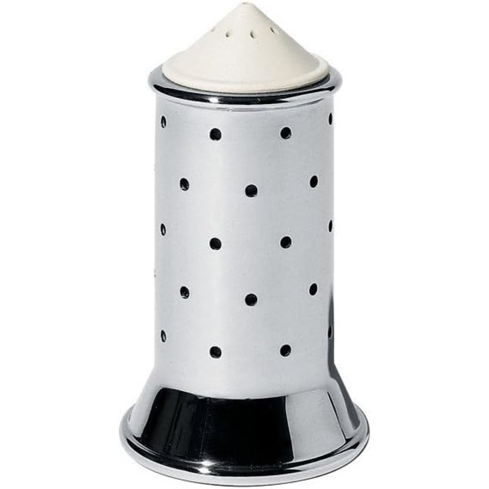 Alessi salt shaker made of stainless steel with lid and closure made of PA, white, 3.5 x 7 x 8.5 cm
