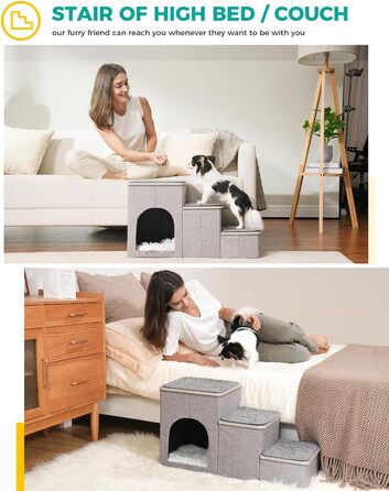 PETEPELA Folding Dog Stairs, 3 Steps, Pet Stairs for Small Dogs with Storage Space, 3 Steps to Couch