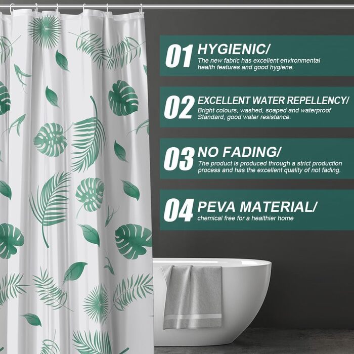 Шторка для душу URAQT, антибактеріальна, водонепроникна, швидковисихаюча, PEVA, 180x180 см, 12 кілець, біла