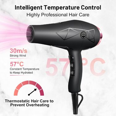 Фен Jolicare з іонізацією та насадкою-дифузором, 2400W, блакове світло, професійний для локонів, салонний, з 1 дифузором та 2 концентраторами, 3 температурні режими, 2 швидкості (Чорний)
