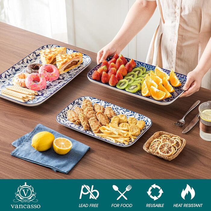 Набір сервіровочних тарілок Vancasso SELENE (3 шт.) - блакитно-білий сервіз для закусок, буфетів та святкового столу