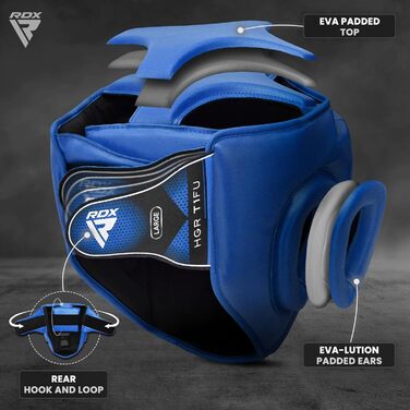 RDX Leather Head Guard - Boxing, Kickboxing, Muay Thai, Taekwondo Headgear - Face & Nose Protection - Training Sparring Head Guard (Blue, Small)