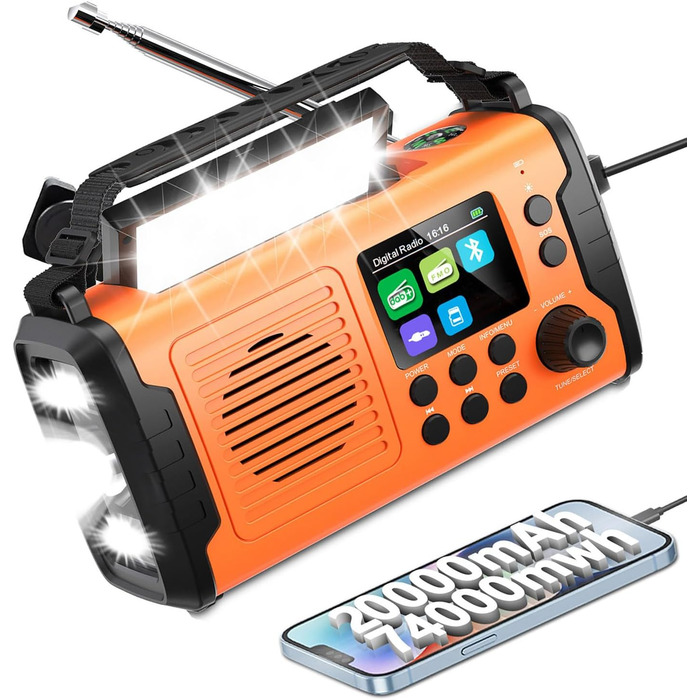 Радіо Kurbelradio на 20000mAh з Bluetooth, DAB/FM, сонячною панеллю, TF-карткою, AUX IN, TFT екраном, LED ліхтариком та SOS кнопкою (ArmyGreen)