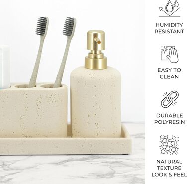 ZCCZ 4-Piece Bathroom Accessory Set, Black, with Soap Dispenser, Toothbrush Holder, Bathroom Cup, and Vanity Tray, Decorative Countertop Organizer (Beige 4pcs)
