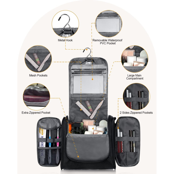 Чоловіча та жіноча косметичка для подорожей, водонепроникна сумка-органайзер для косметики з гачком, чорна